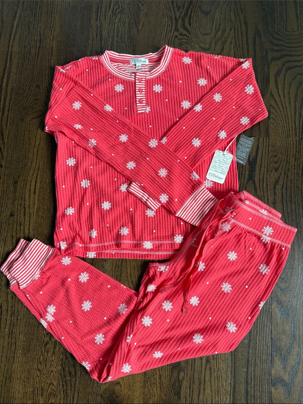 PJ Salvage Red Snowflake Waffle Knit Pajama Set with Striped Trim